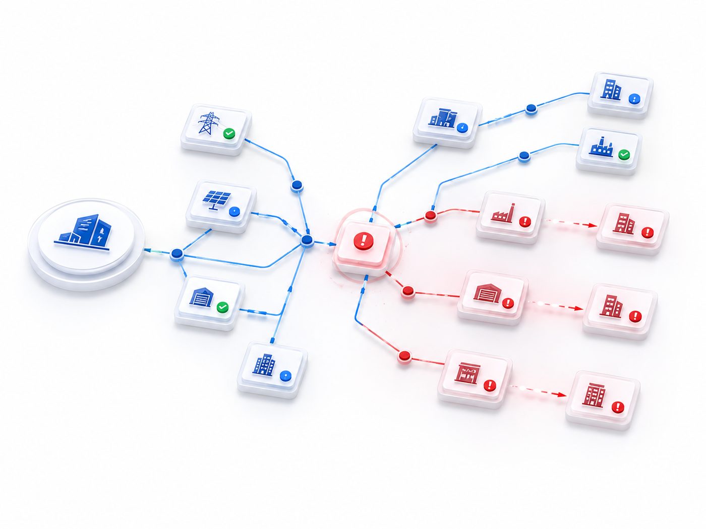 Dependency chain: projects upstream of a dispute clear in blue; projects downstream inherit the freeze in red