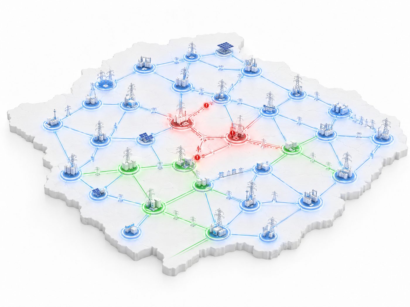 Territory view: a red dispute zone radiating blockage across interconnected grid corridors while others stay clear